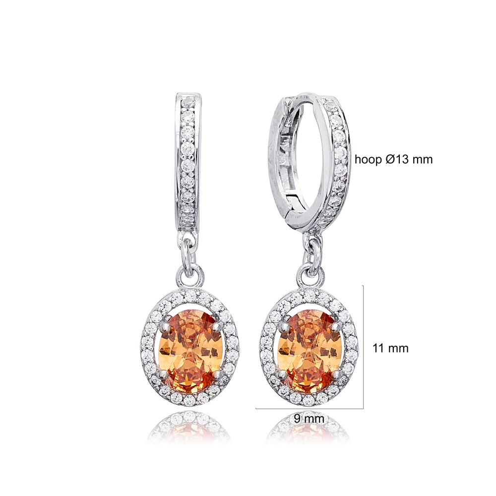 Orange Citrine Stone Geometric Style Oval Dangle Earrings Turkish Wholesale 925 Sterling Silver Jewelry