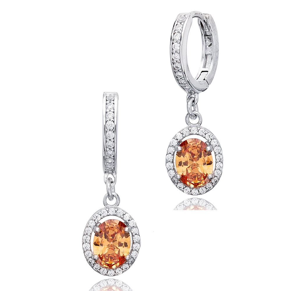 Orange Citrine Stone Geometric Style Oval Dangle Earrings Turkish Wholesale 925 Sterling Silver Jewelry