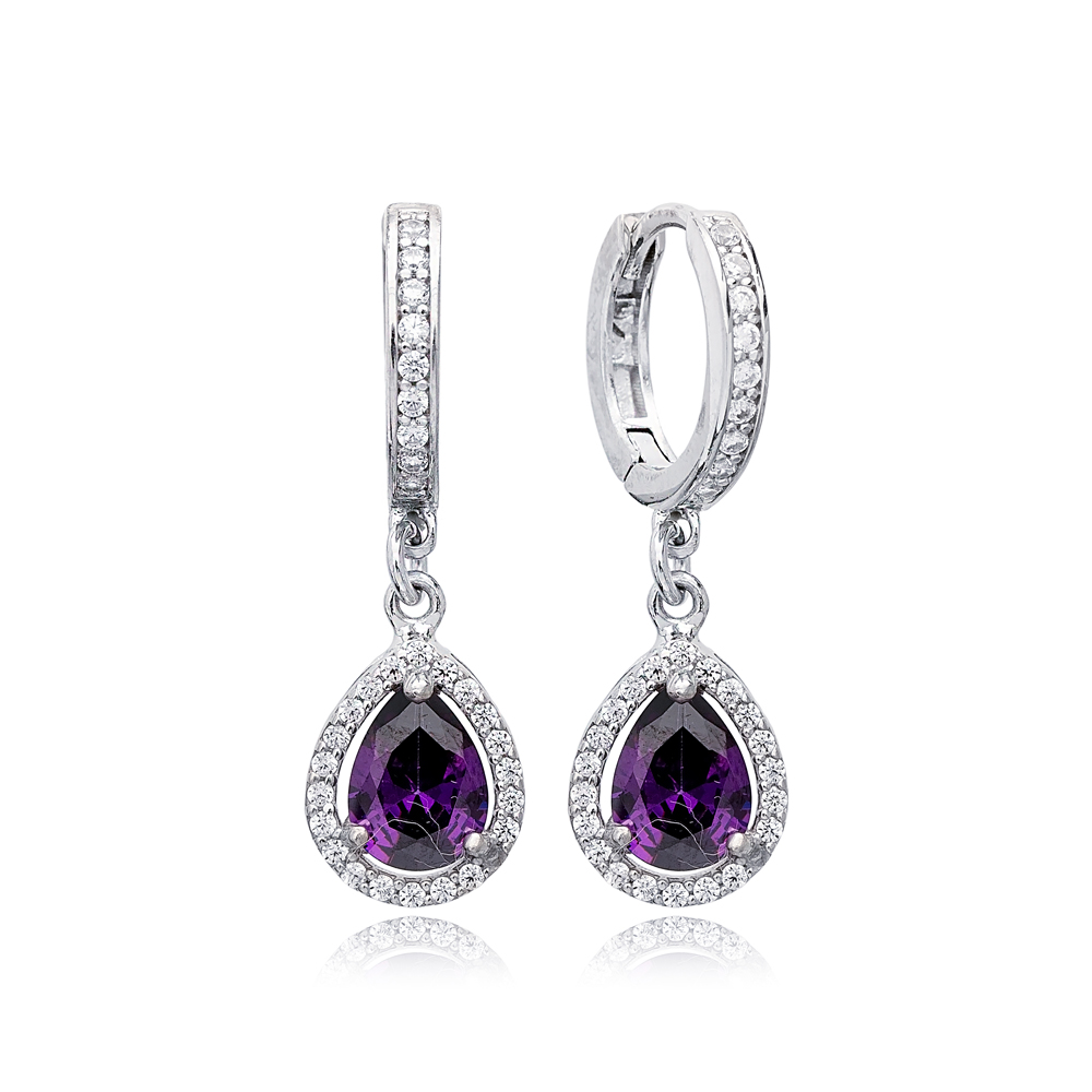 Amethyst Stone Pear Drop Shape Dangle Earrings Turkish Wholesale 925 Sterling Silver Jewelry