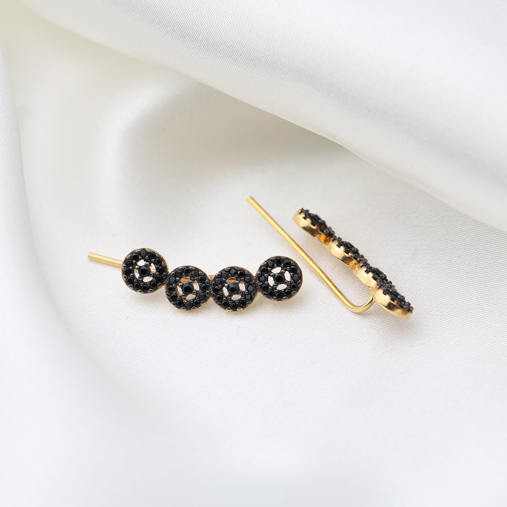 Trendy Round Design Black Zircon Stone Ear Cuff Climber Earrings Handmade 925 Silver Jewelry