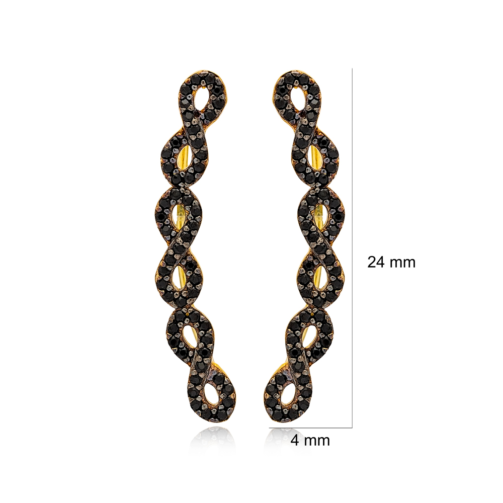 Infinity Design Stylish Black Zircon Stone Ear Cuff Climber Earrings Handmade 925 Silver Jewelry
