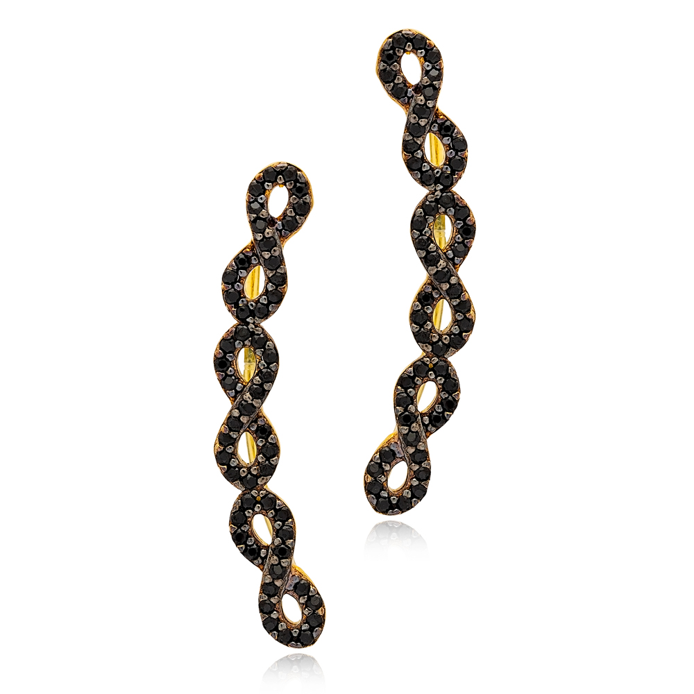 Infinity Design Stylish Black Zircon Stone Ear Cuff Climber Earrings Handmade 925 Silver Jewelry
