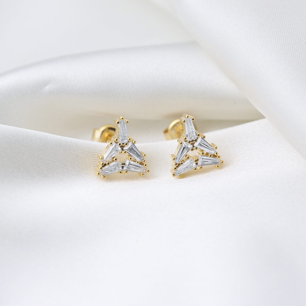 Triangle Design Geometric Shape Zircon Baguette Stud Earring Wholesale Handcrafted 925 Sterling Silver Jewelry