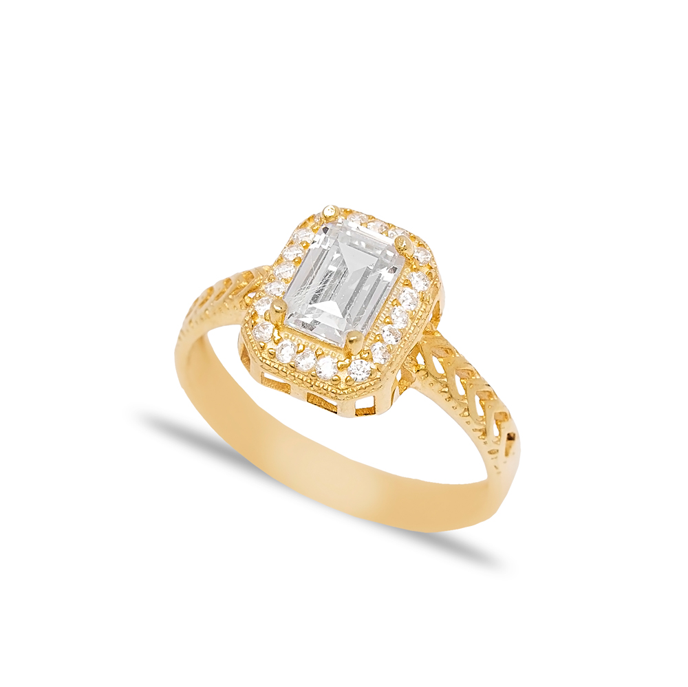 Classic Style Rectangle Zircon Chain Design Wholesale Turkish 925 Sterling Silver Cluster Ring