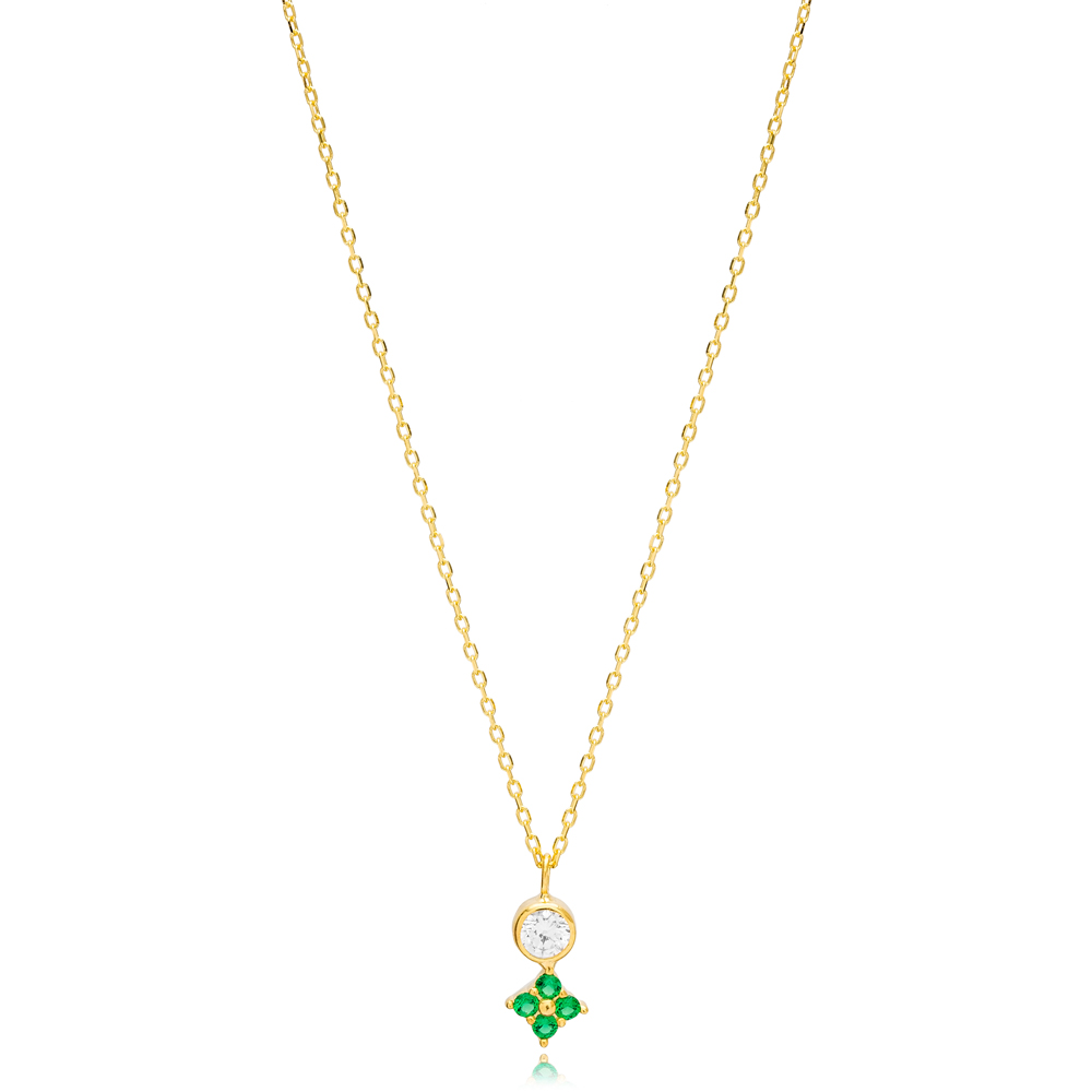 Minimalist Flower Charm Emerald Zircon Stone Necklace Pendant 925 Sterling Silver Jewelry