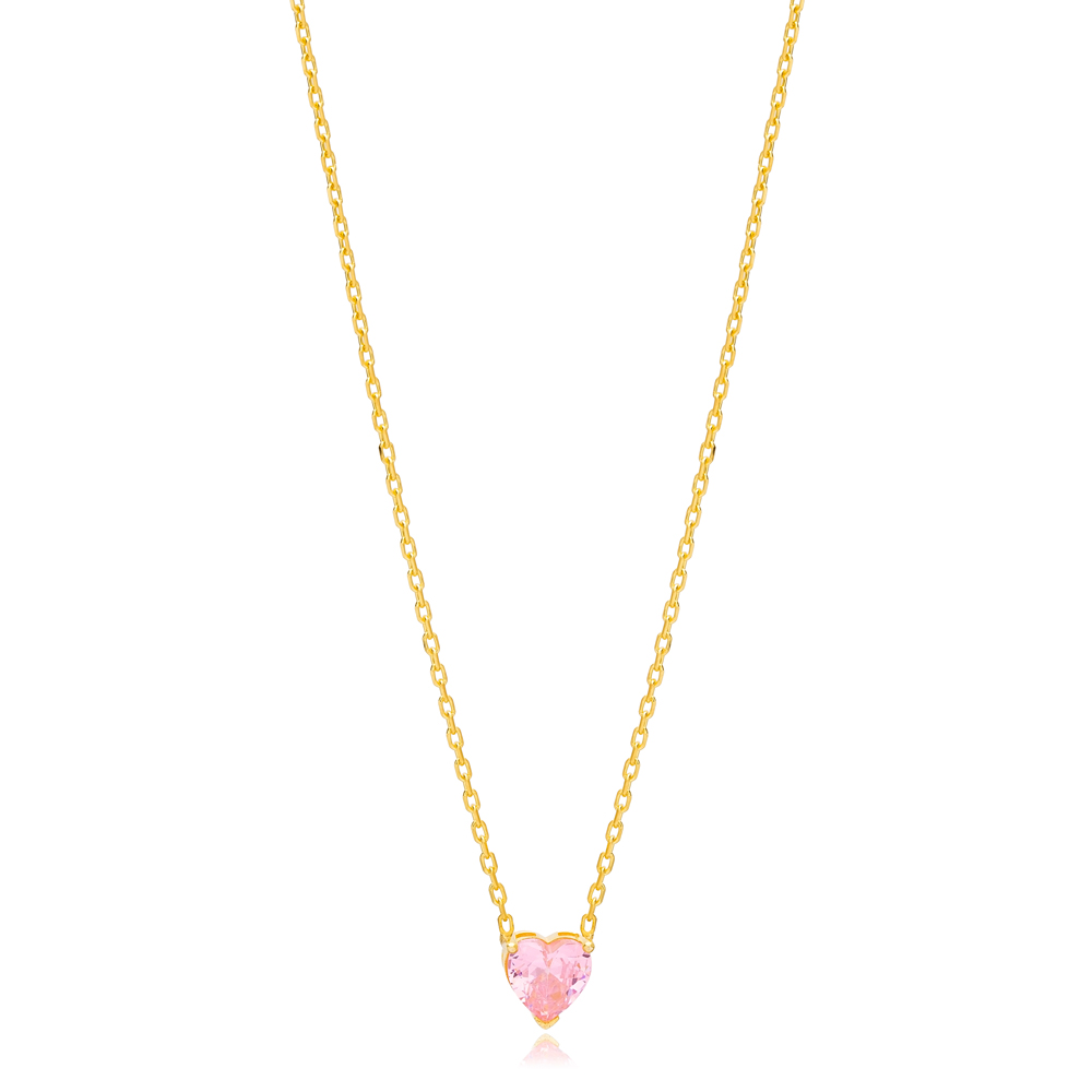 Cute Pink Zircon Stone Heart Charm Necklace Pendant Handmade Turkish 925 Sterling Silver Jewelry