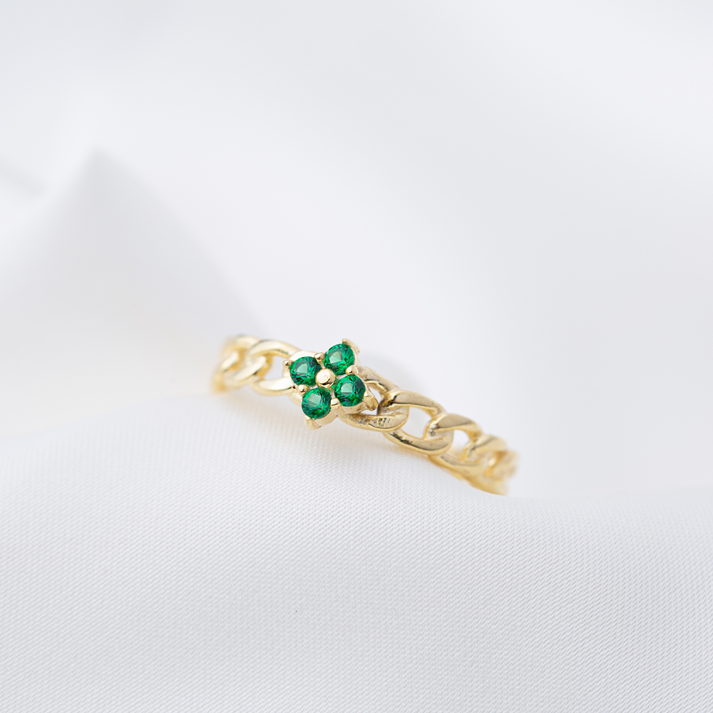 Tiny Flower Emerald Zircon Stone Braid Design Adjustable Ring 925 Sterling Silver Jewelry