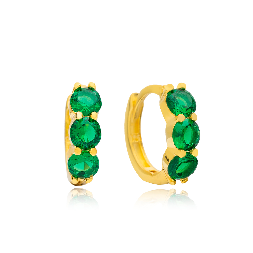 Emerald Zircon Stone Cute Hoop Earrings Wholesale Turkish Handmade 925 Sterling Silver Jewelry