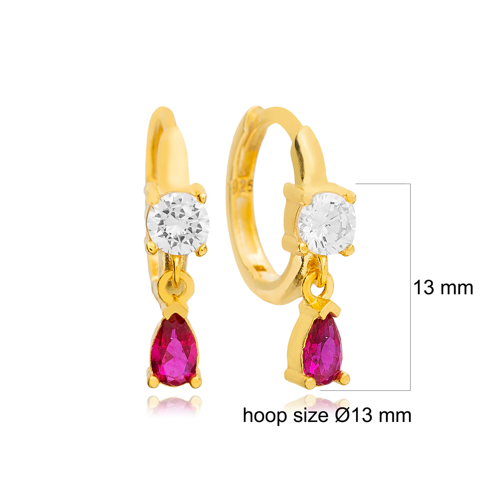 Dainty Drop Pear Ruby Zircon Stone Elegant Hoop Earrings Turkish Women 925 Sterling Silver Jewelry
