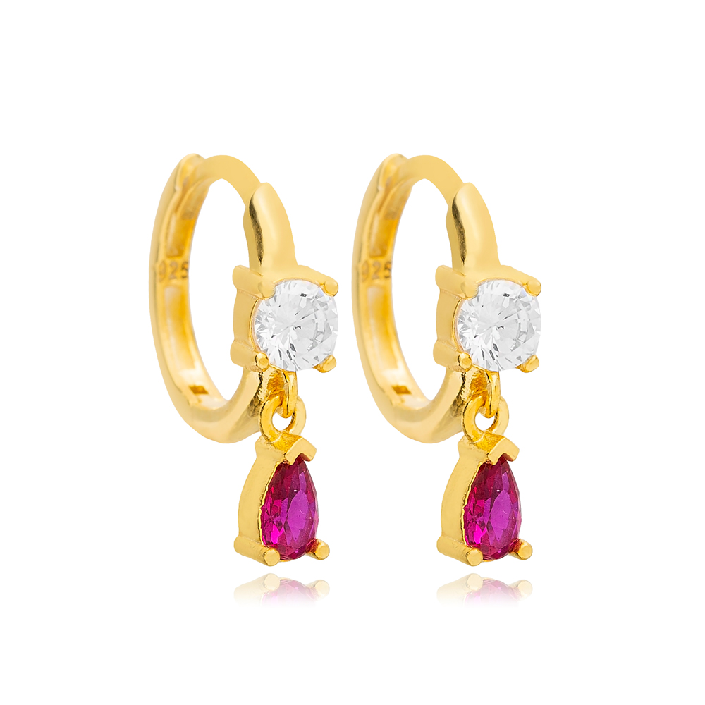 Dainty Drop Pear Shape Ruby Zircon Stone Elegant Hoop Earrings Turkish Women 925 Sterling Silver Jewelry