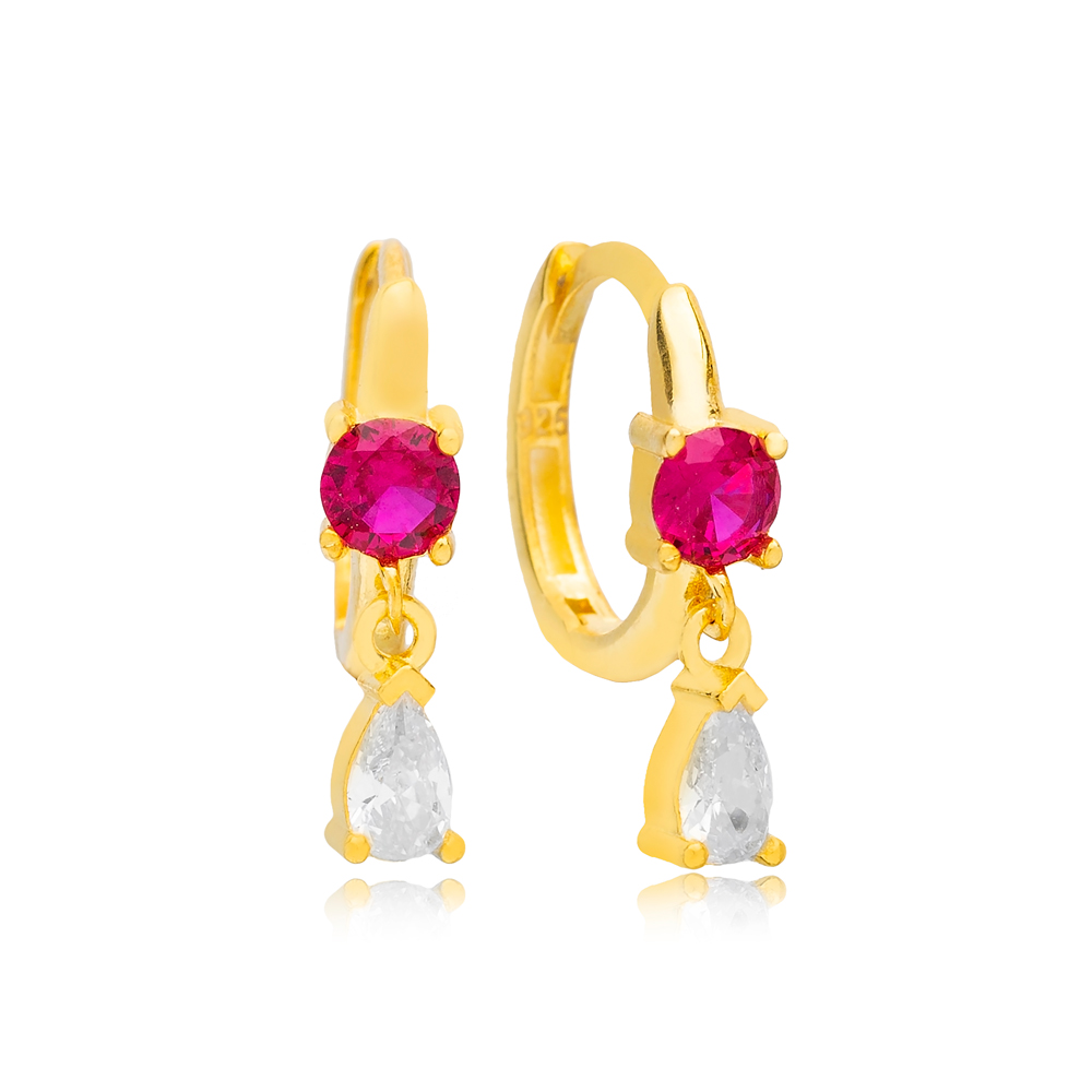 Trendy Pear Drop Shape Ruby Zircon Hoop Earrings Turkish Women 925 Sterling Silver Jewelry