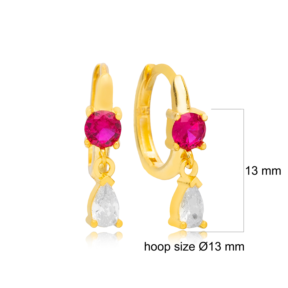 Trendy Pear Drop Shape Ruby Zircon Hoop Earrings Turkish Women 925 Sterling Silver Jewelry