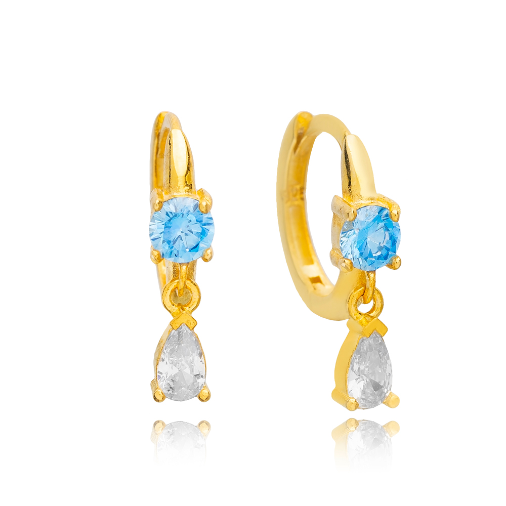 Aquamarine Zircon Stone Pear Hoop Earrings 925 Sterling Silver Handmade Women Jewelry