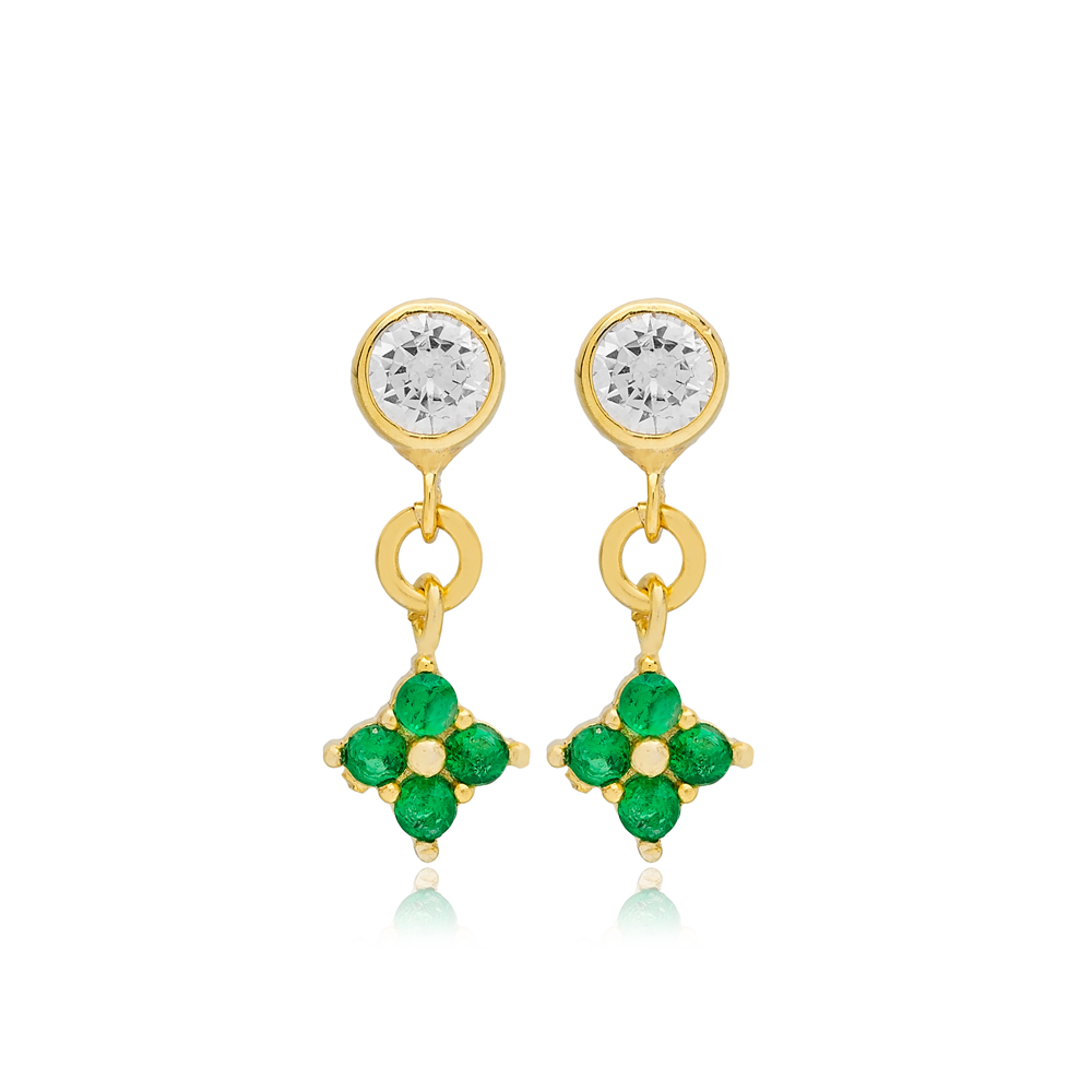 Tiny Emerald Zircon Stone Flower Design Stud Earrings Wholesale 925 Sterling Silver Jewelry