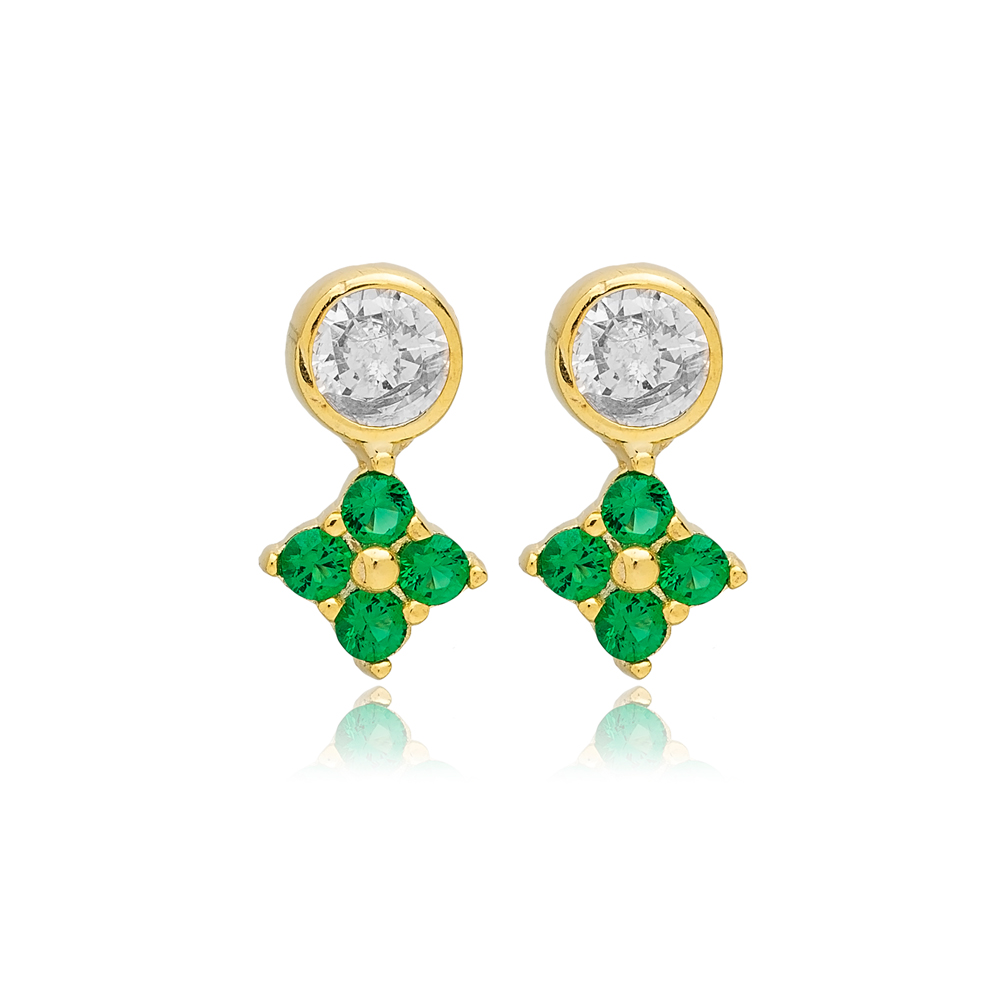 Minimalist Emerald Zircon Stone Flower Shape Stud Earrings Wholesale 925 Sterling Silver Jewelry