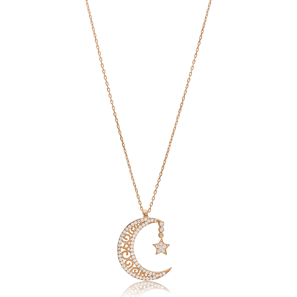 Moon and Star Charm Clear Zircon Wholesale Handmade Turkish 925 Silver Sterling Necklace
