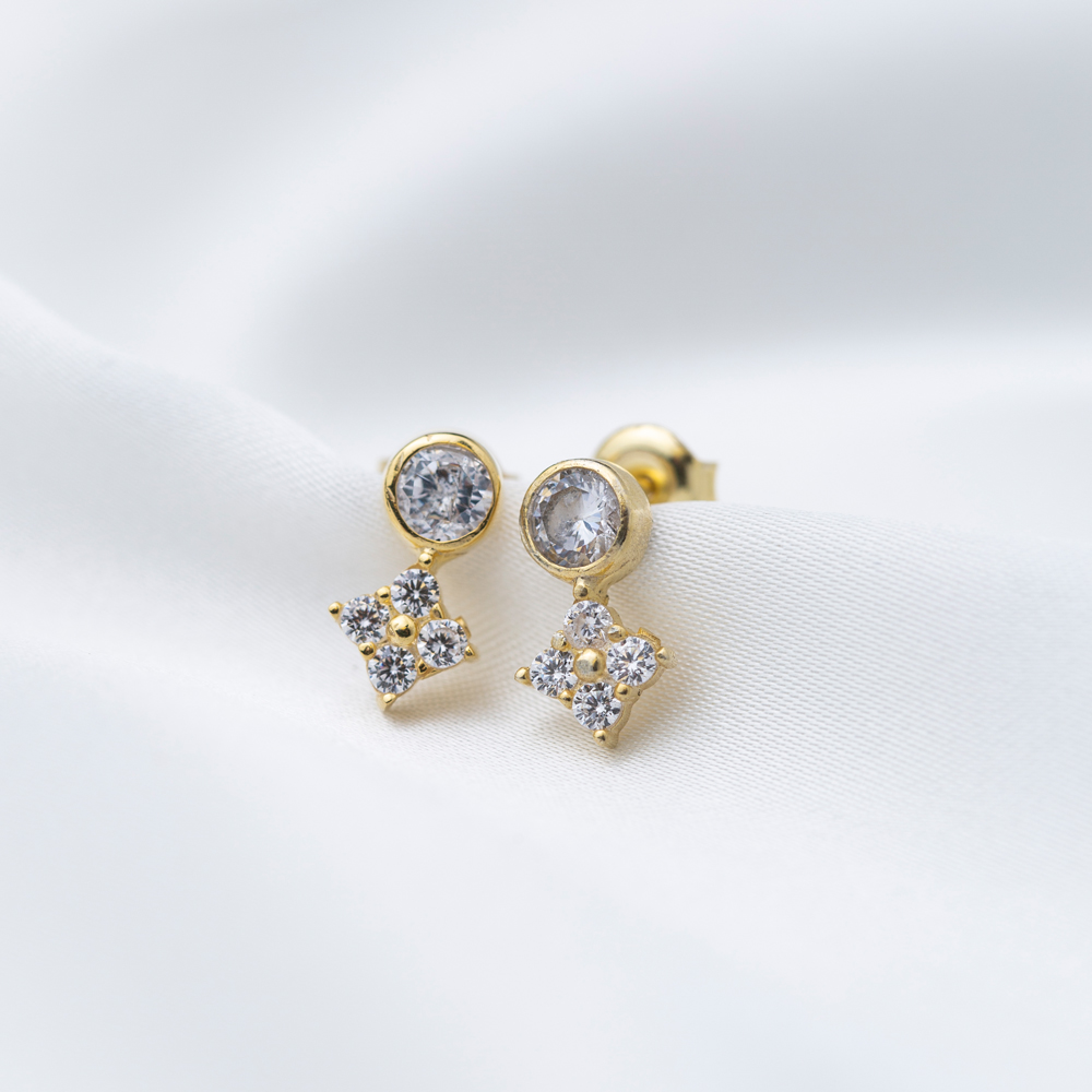Cute Tiny Zircon Stone Flower Design Stud Earrings Wholesale 925 Sterling Silver Jewelry