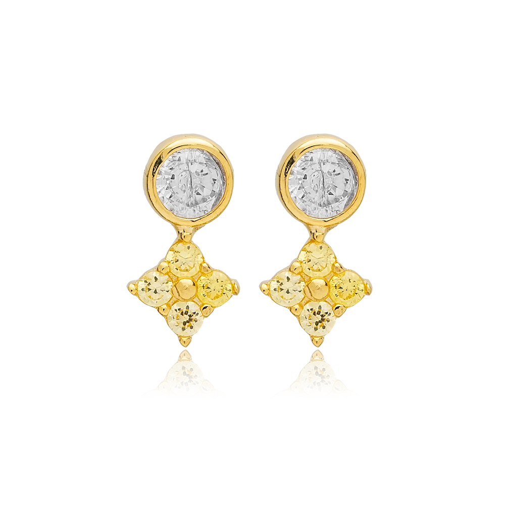 Light Citrine Zircon Stone Flower Design Stud Earrings Wholesale 925 Sterling Silver Jewelry