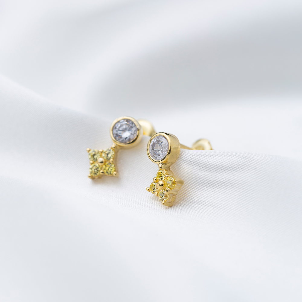 Light Citrine Zircon Stone Flower Design Stud Earrings Wholesale 925 Sterling Silver Jewelry