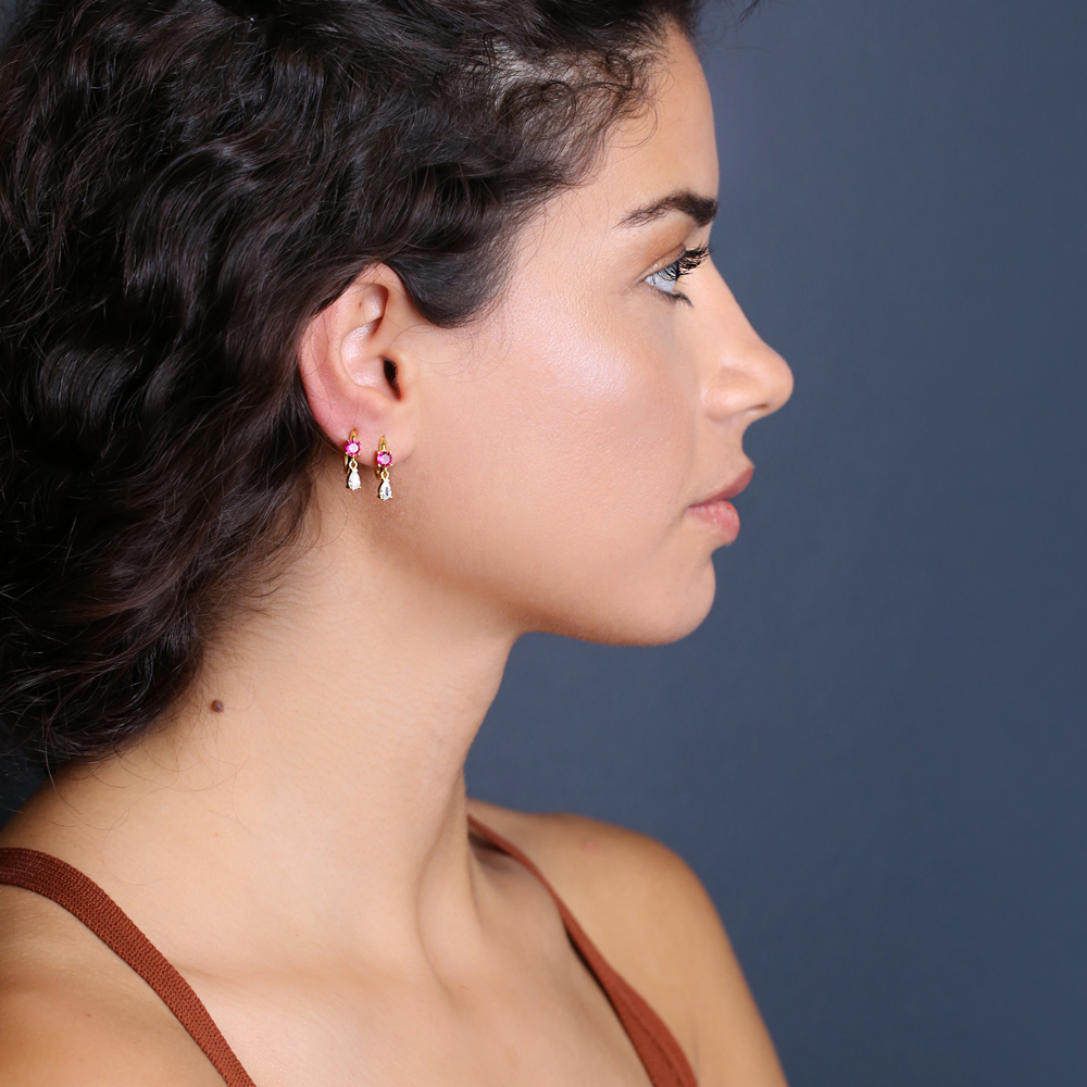 Trendy Pear Drop Shape Ruby Zircon Hoop Earrings Turkish Women 925 Sterling Silver Jewelry