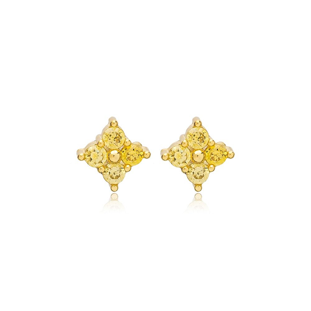 Minimalist Light Citrine Zircon Stone Flower Design Stud Earrings Handmade 925 Sterling Silver Jewelry