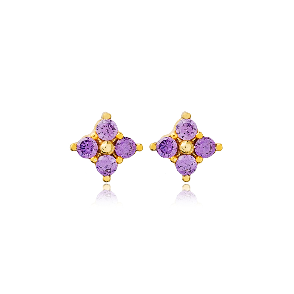Amethyst Zircon Stone Flower Design Stud Earrings Turkish 925 Sterling Silver Jewelry