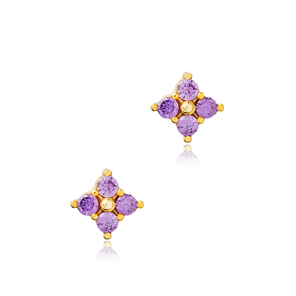 Amethyst Zircon Stone Flower Design Stud Earrings Turkish 925 Sterling Silver Jewelry