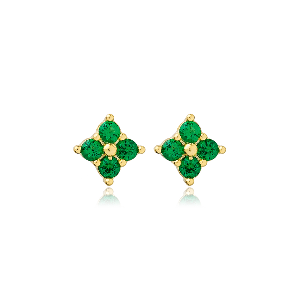 Emerald Zircon Stone Flower Design Stud Earrings Turkish 925 Sterling Silver Jewelry