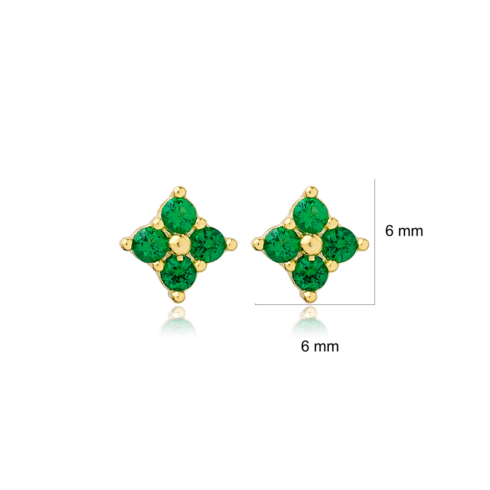 Emerald Zircon Flower Design Stud Earrings Turkish 925 Sterling Silver Jewelry