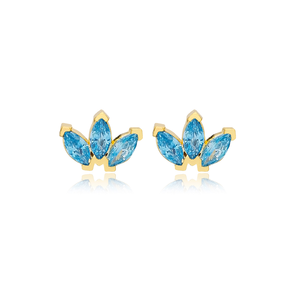 Aquamarine Zircon Stone Marquise Design Stud Earrings Turkish 925 Sterling Silver Jewelry