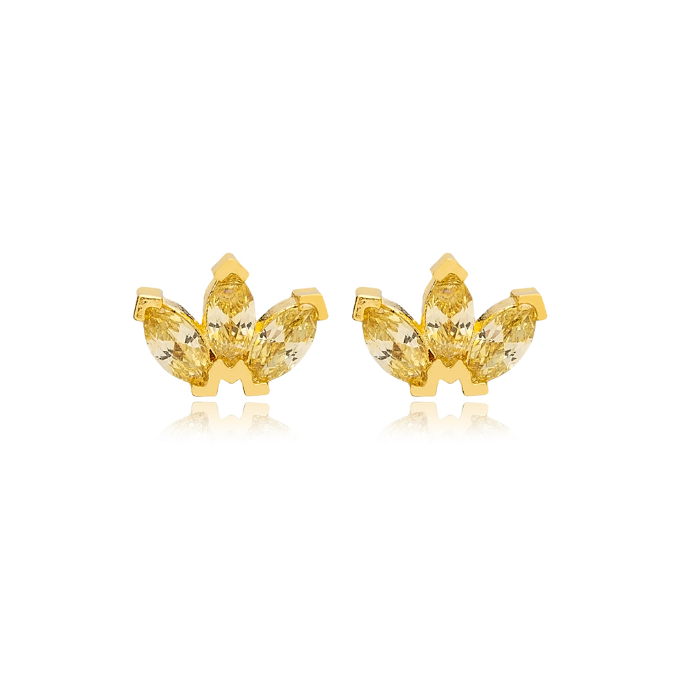 Light Citrine Zircon Stone Marquise Design Stud Earrings Turkish 925 Sterling Silver Jewelry