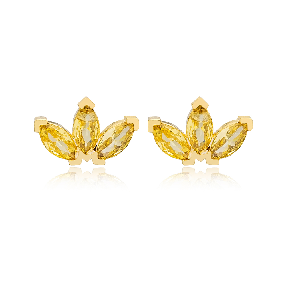 Dainty Light Citrine Zircon Stone Marquise Design Stud Earrings Turkish 925 Sterling Silver Jewelry