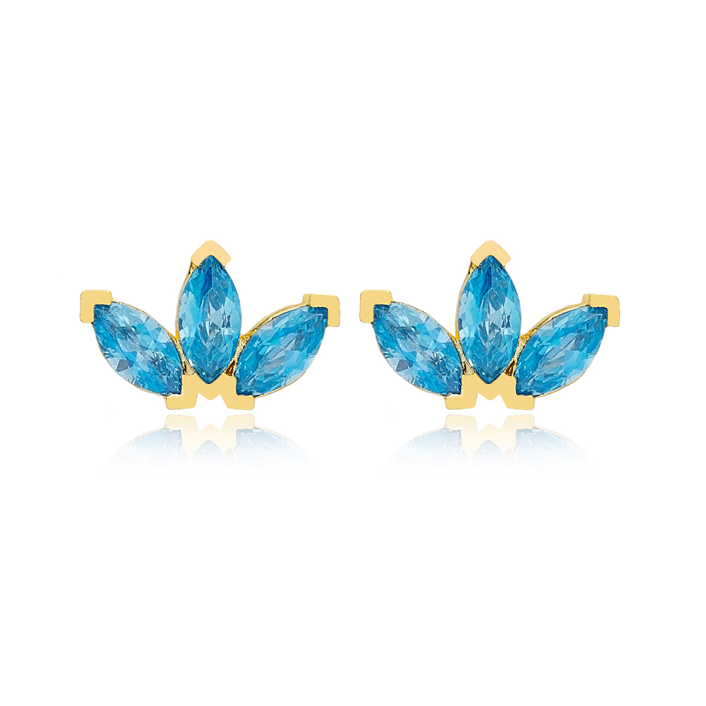 Elegant Aquamarine Zircon Stone Marquise Design Stud Earrings Turkish 925 Sterling Silver Jewelry