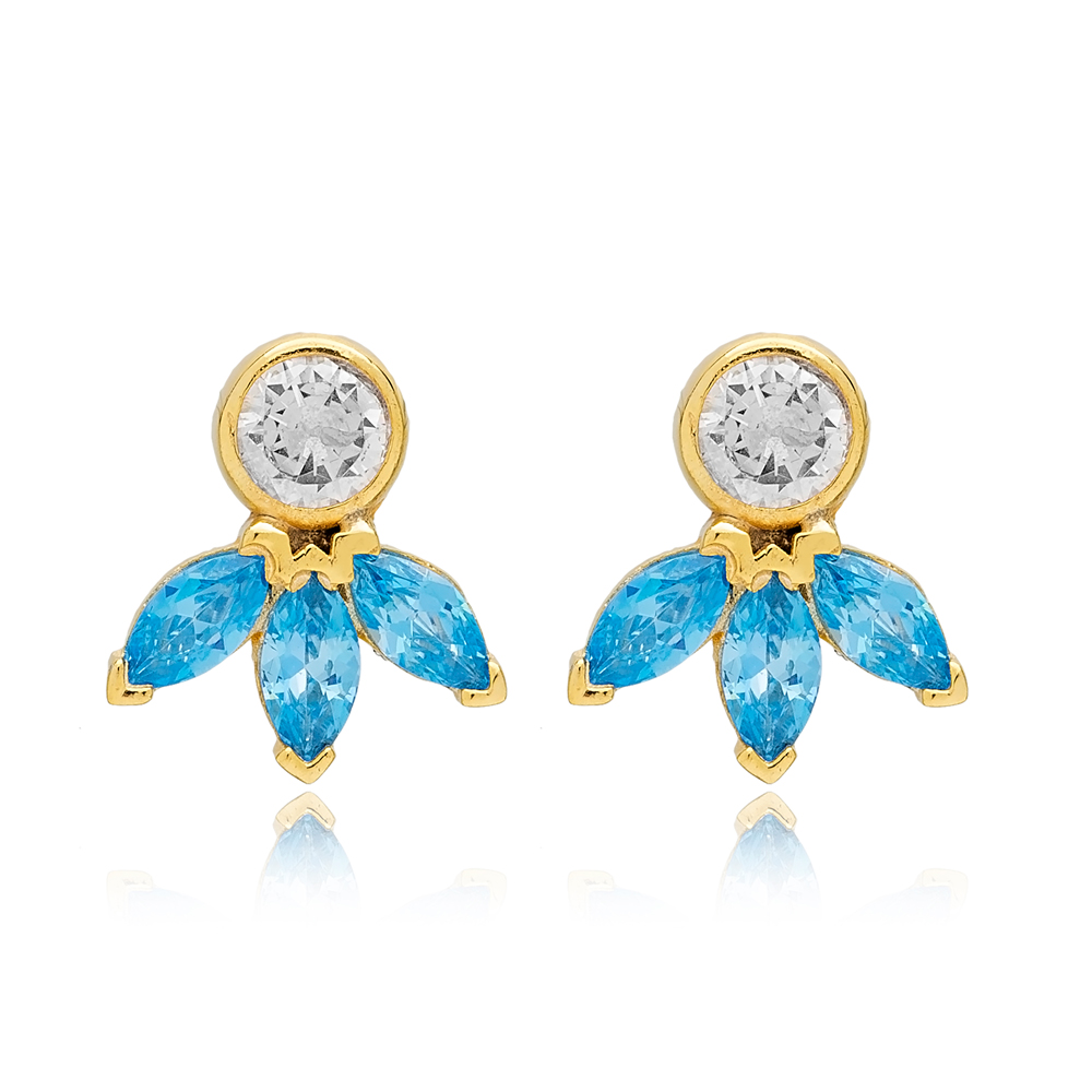 Dainty Design Aquamarine Zircon Stone Marquise Stud Earrings 925 Sterling Silver Women Jewelry