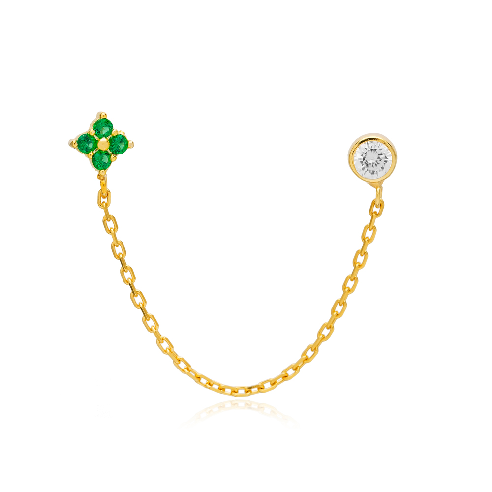 Single Flower Design Tiny Double Stud Earrings Emerald Zircon Stone 925 Sterling Silver Jewelry