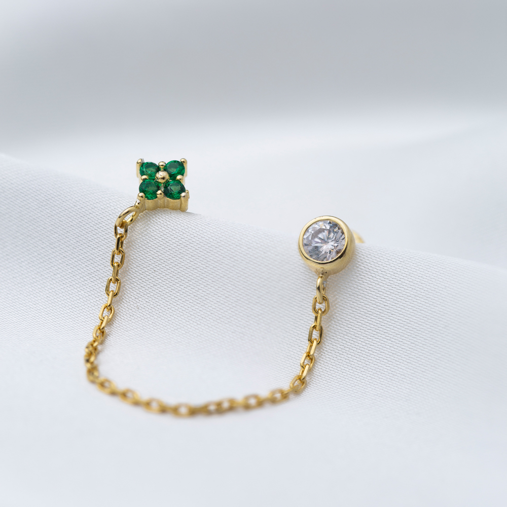 Single Flower Design Tiny Double Stud Earrings Emerald Zircon 925 Sterling Silver Jewelry