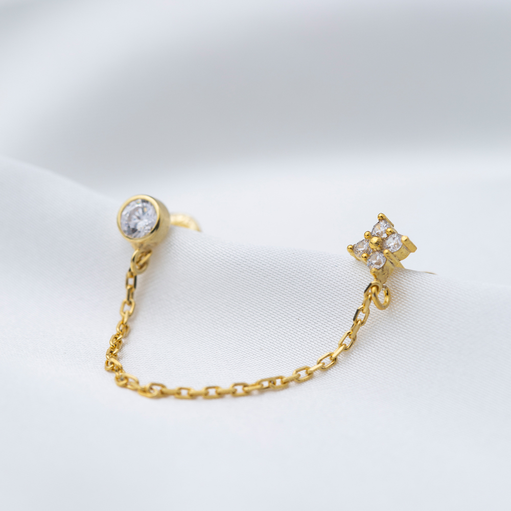 Single CZ Stone Flower Tiny Double Stud Earrings Turkish Handmade 925 Sterling Silver Jewelry