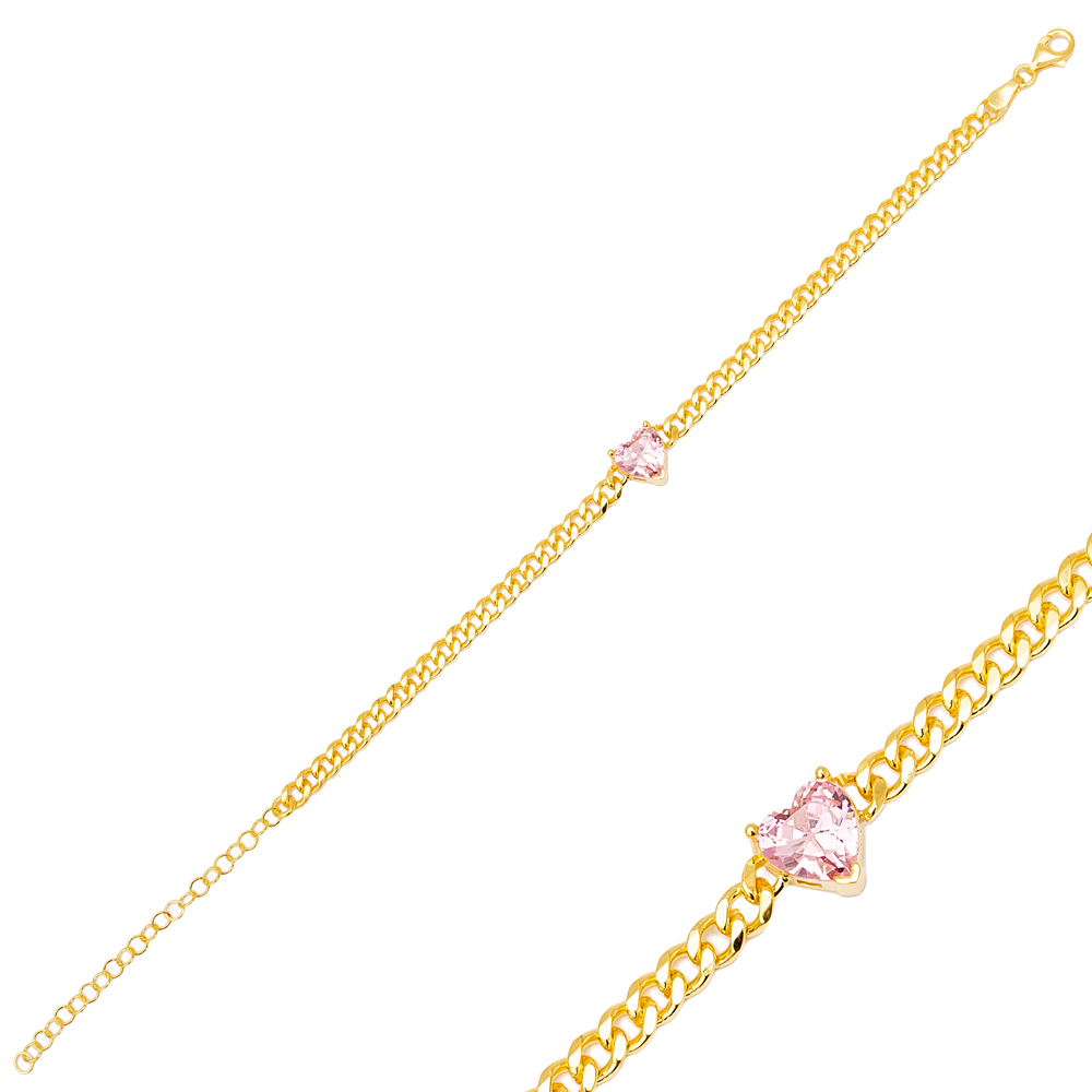 Cute Pink Zircon Heart Design Gourmet Chain Charm Bracelet 925 Sterling Silver Jewelry