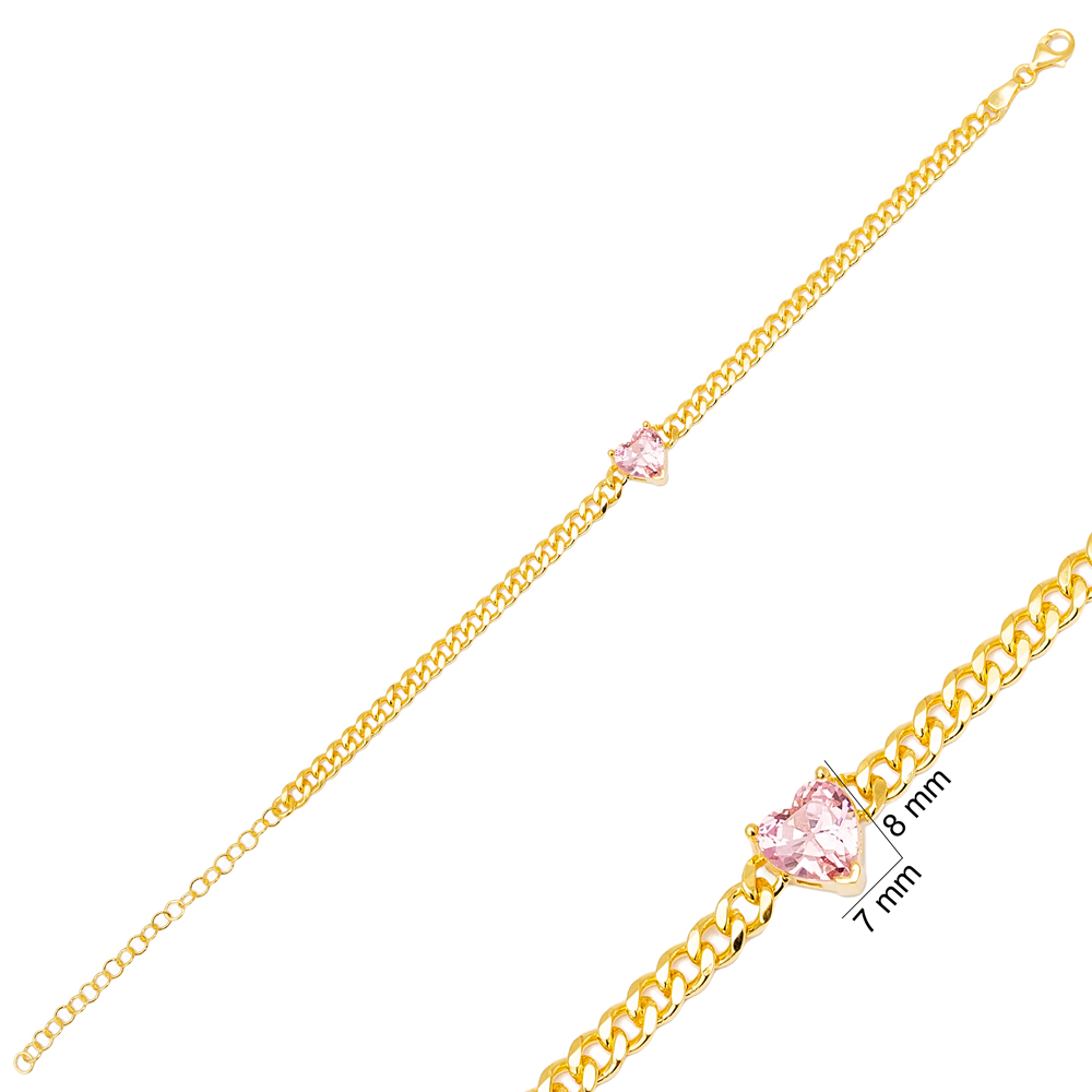 Cute Pink Zircon Heart Gourmet Chain Charm Bracelet 925 Sterling Silver Jewelry