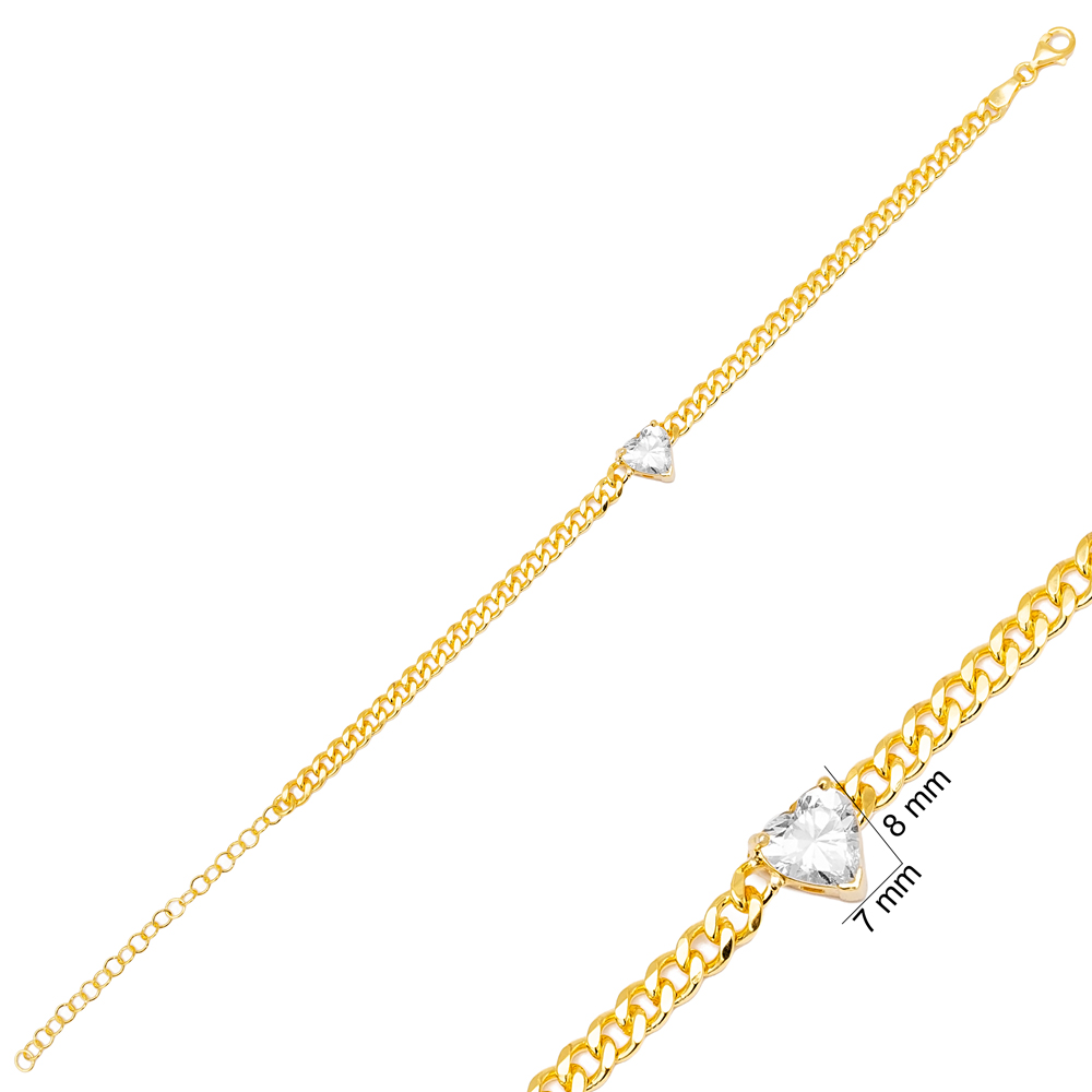 Zircon Heart Design Gourmet Chain Charm Bracelet Turkish 925 Sterling Silver Jewelry