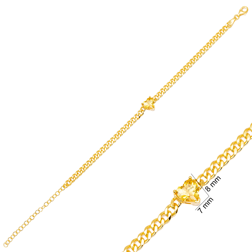 Citrine Heart Design Gourmet Chain Charm Bracelet Handmade 925 Sterling Silver Jewelry