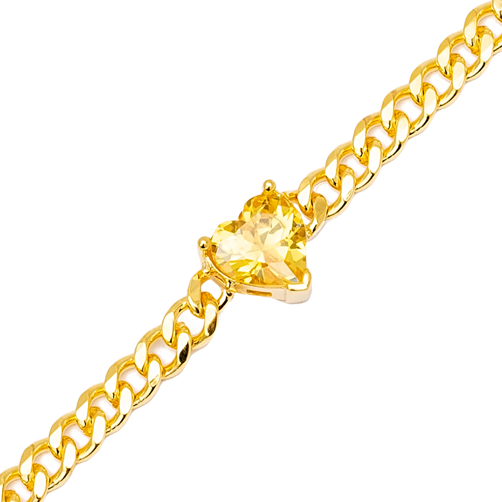 Citrine Stone Heart Design Gourmet Chain Charm Bracelet Handmade 925 Sterling Silver Jewelry