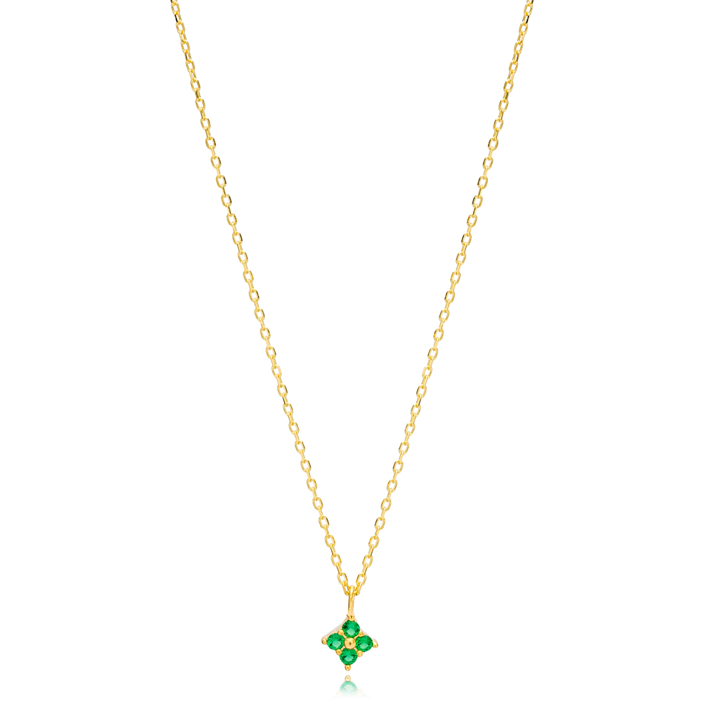 Emerald Zircon Stone Tiny Flower Charm Necklace Pendant Turkish 925 Sterling Silver Jewelry