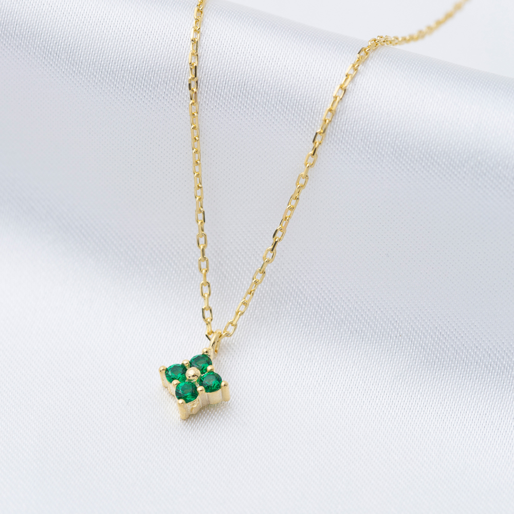Emerald Zircon Tiny Flower Charm Necklace Pendant Turkish 925 Sterling Silver Jewelry