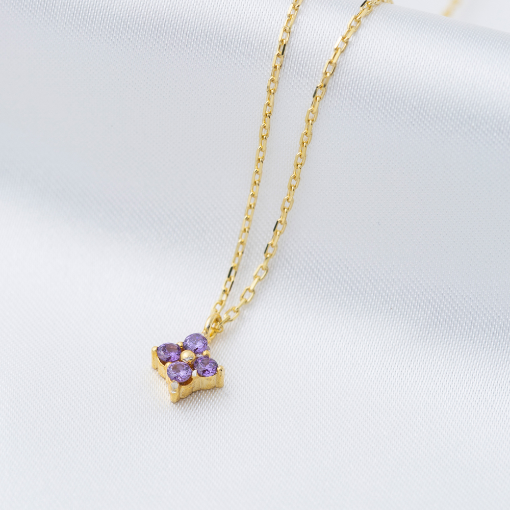Amethyst Minimalist Flower Charm Pendant Necklace Handmade 925 Sterling Silver Jewelry