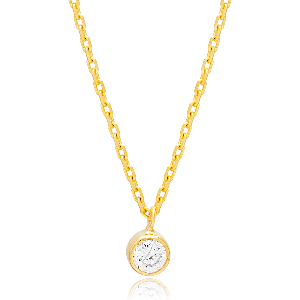 Minimalist Zircon Stone Round Design Charm Necklace Pendant 925 Sterling Silver Jewelry