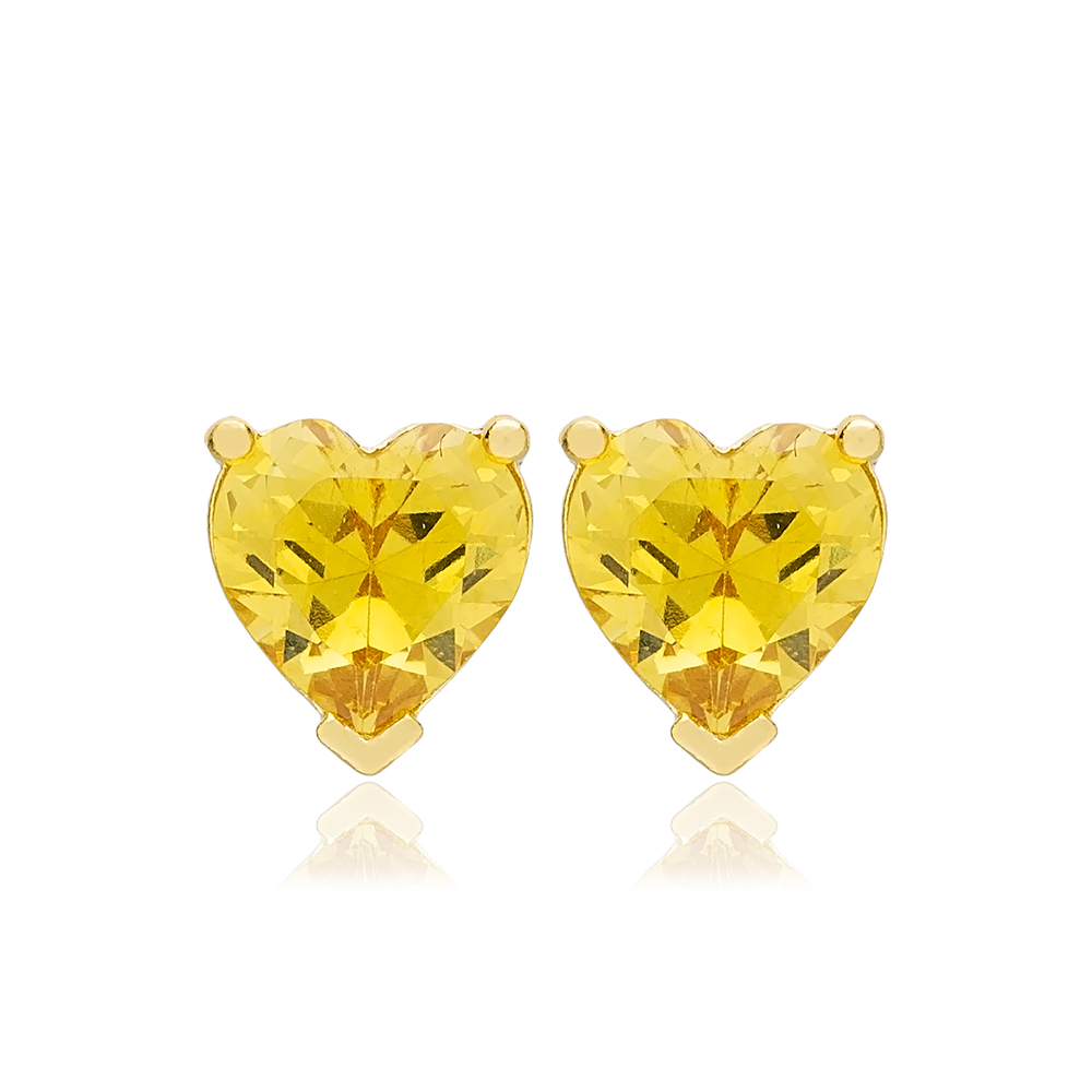 Dainty Citrine Stone Heart Shape Stud Earrings Turkish Handmade 925 Sterling Silver Jewelry