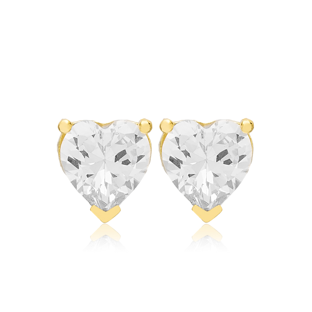 Clear Zircon Stone Heart Shape Stud Earrings Turkish Handmade 925 Sterling Silver Jewelry