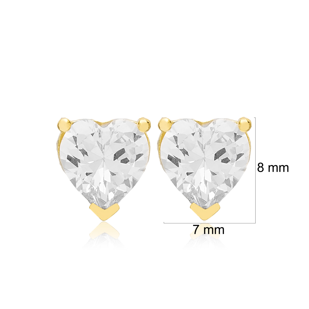 Clear Zircon Stone Heart Shape Stud Earrings Turkish Handmade 925 Sterling Silver Jewelry
