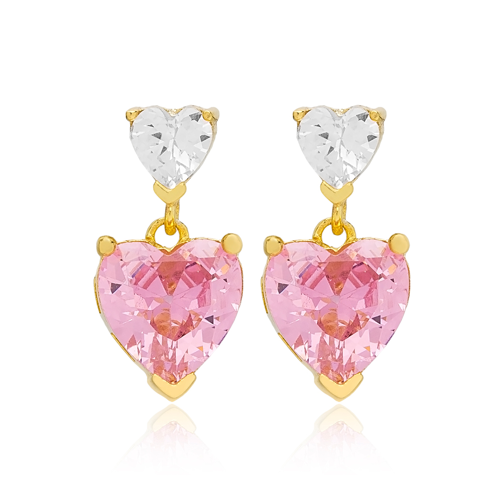 Fancy Pink Zircon Stone Heart Shape Stud Earrings Turkish Wholesale 925 Sterling Silver Jewelry